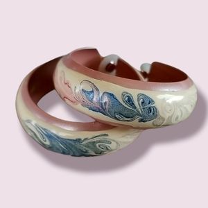 Vintage 1970s Large Painted Swirls Metal Hoop Pierced Earrings